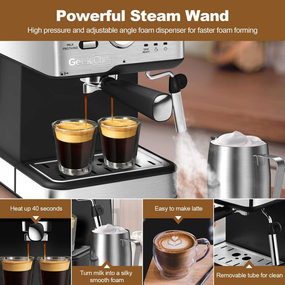 Kahomvis 2-Cup Silver 20-Bar Espresso Machine Coffee Maker with ESE POD Filter Milk Frother Steam Wand Thermometer Water Tank GuBK-LKD0-V5U