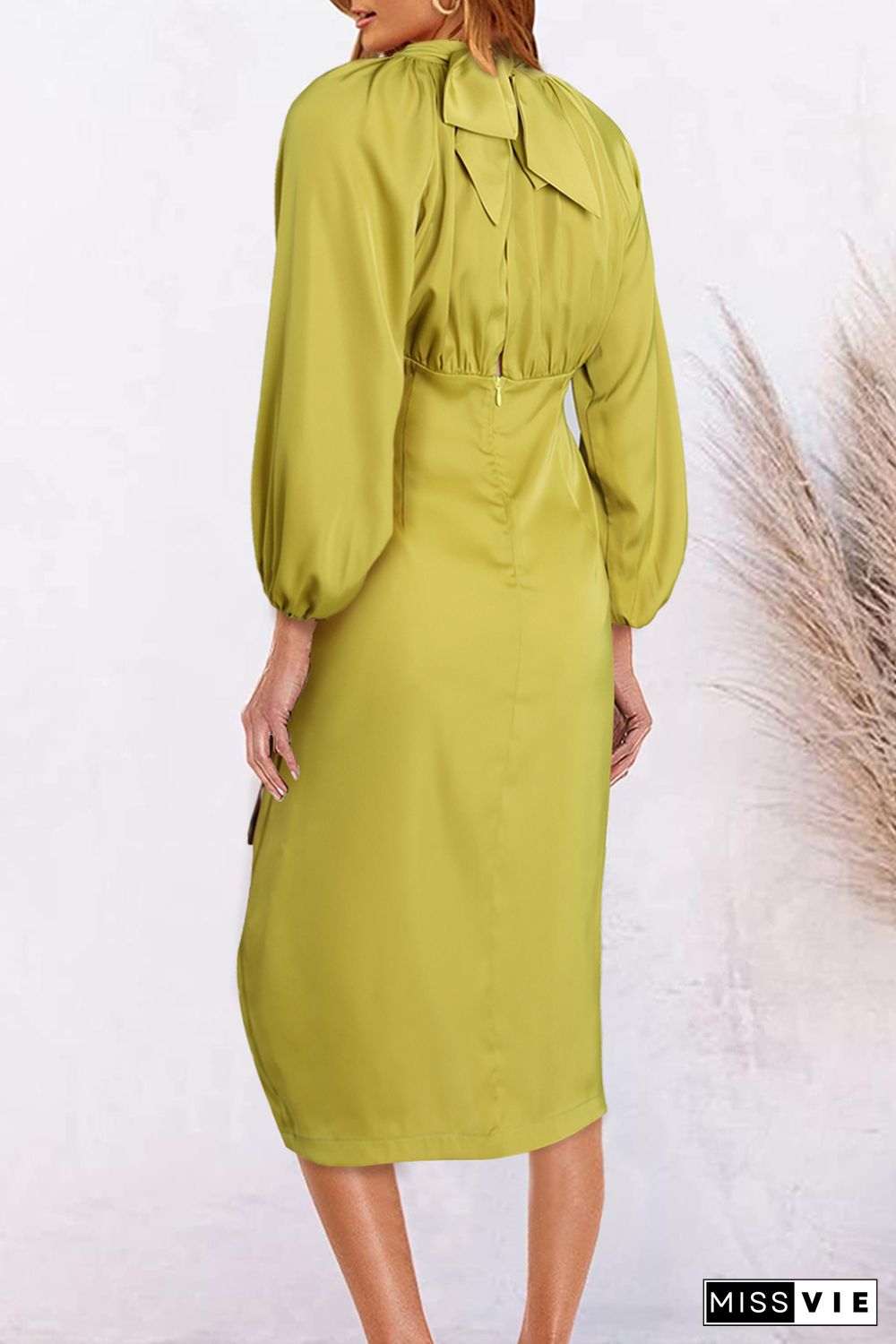 Yellow Ribbon Tie Back Long Puff Sleeve Slit Midi Dress