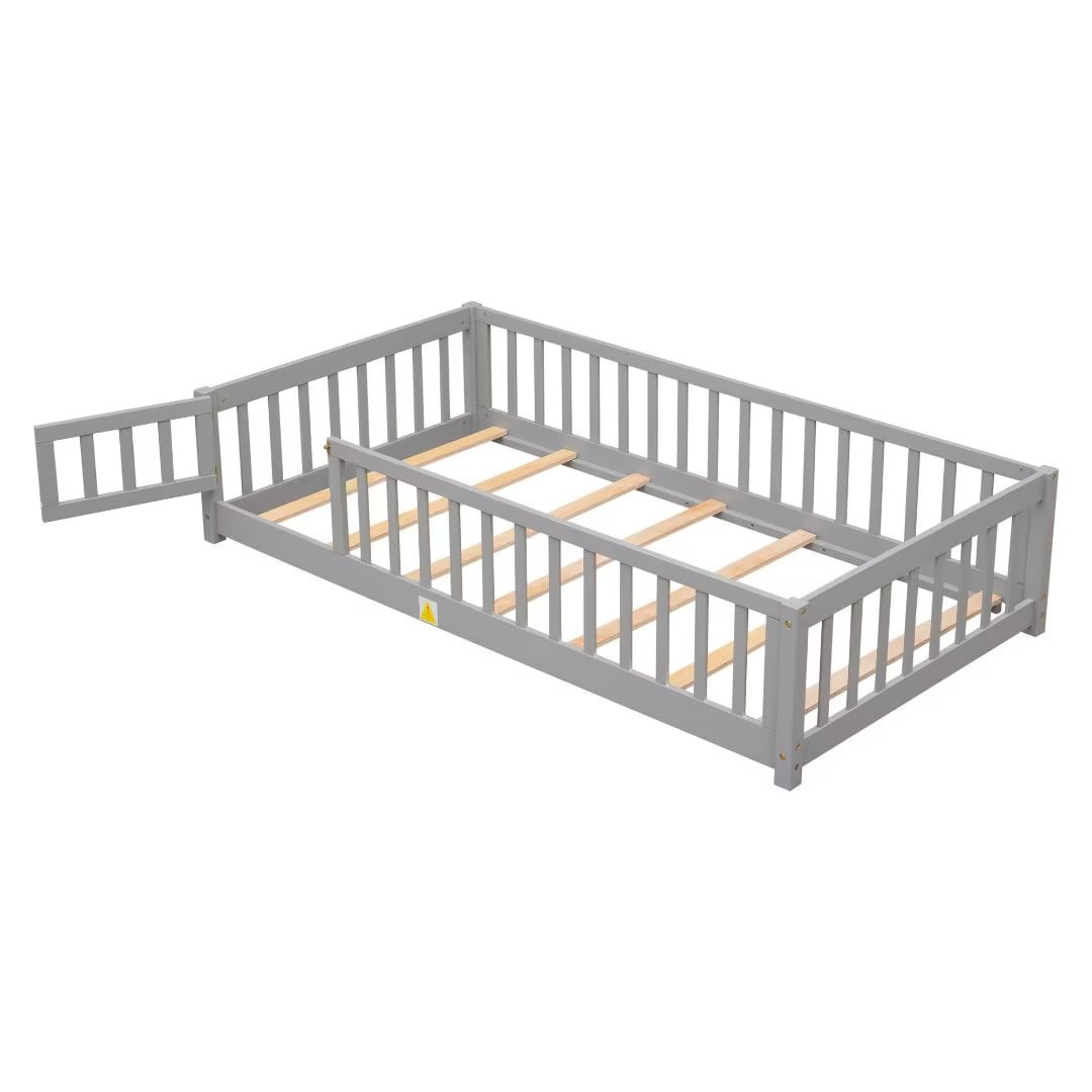 Twin Size Floor Bed for Kids, Wood Twin Montessori Bed Frame with Fence Guardrails and & Support Slats, Twin Playhouse Bed with Door Design, Kids Fence Bed Playpen Bed for Toddler, Boys ,Girls, Gray