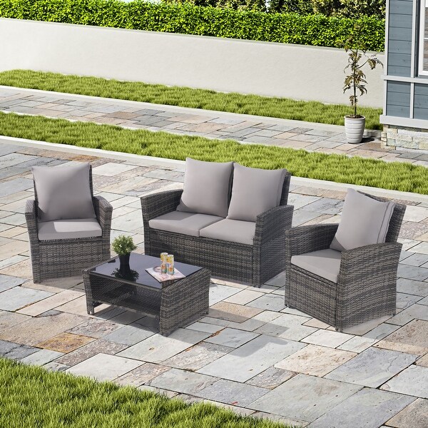 4 Pieces Outdoor Patio Furniture Sets Garden Rattan Chair Wicker Set