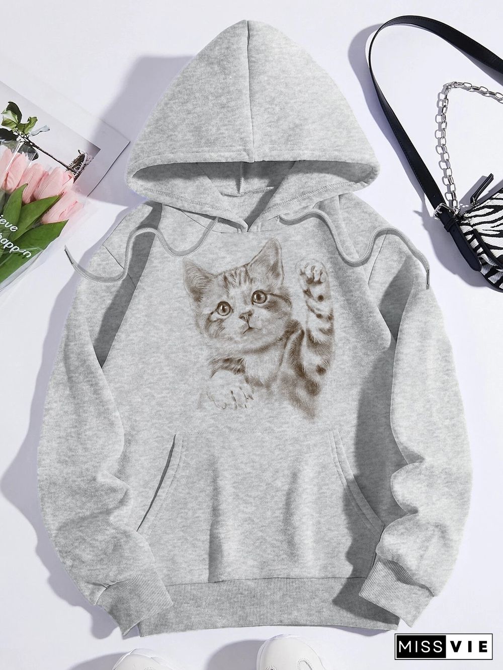 Printed on front Kangaroo Pocket Hoodie Long Sleeve for Women Pattern Cat saying hello