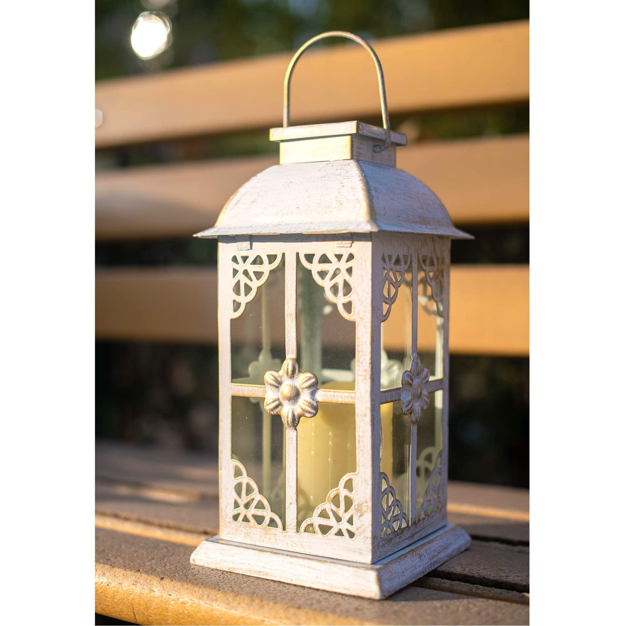 Solar Lantern Outdoor Hyacinth White Decor Antique Metal and Glass Construction Mission Solar Garden Lantern Indoor and Outdoor Solar Hanging Lantern Entirely Solar Powered Lantern of Low Maintenance