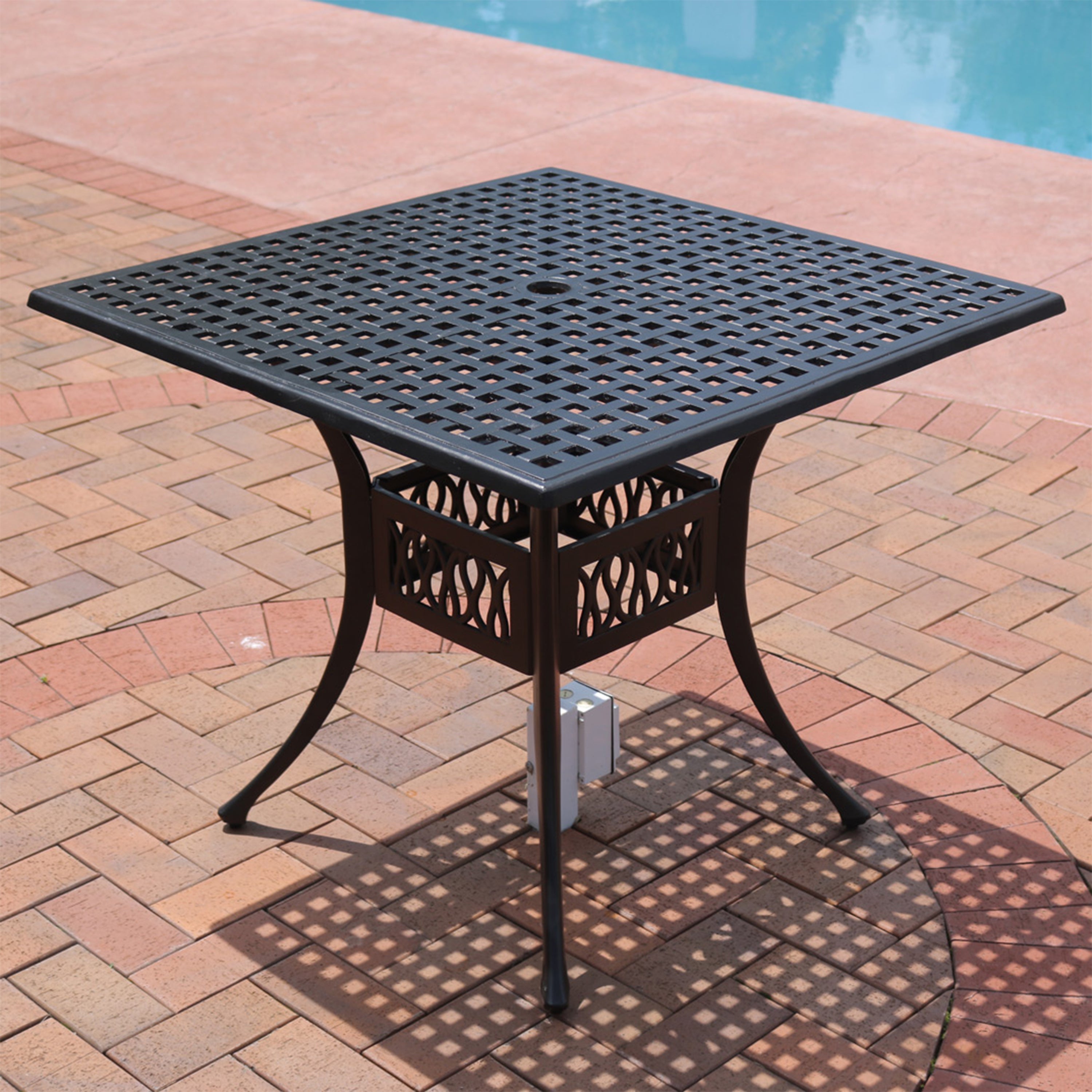 Sunnydaze Square Cast Aluminum Outdoor Patio Dining Table with Umbrella Hole, Black