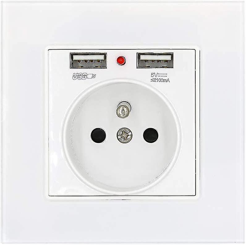 Power Socket Glass Panel French Standard Wall With Power Indicator Dual Usb Charging 2.1a，16a 250v White