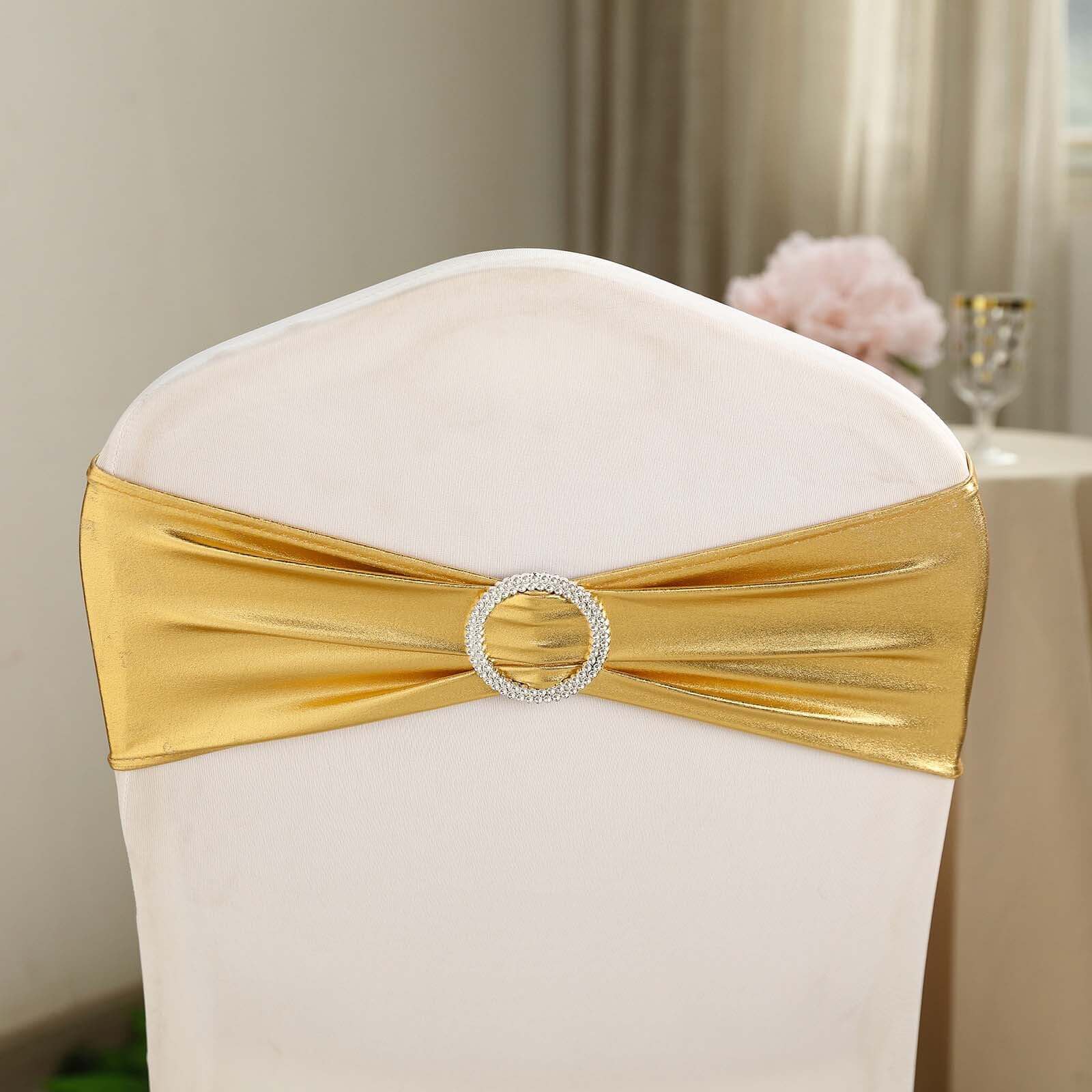 5 Pack Metallic Gold Spandex Chair Sashes With Attached Round Diamond Buckles