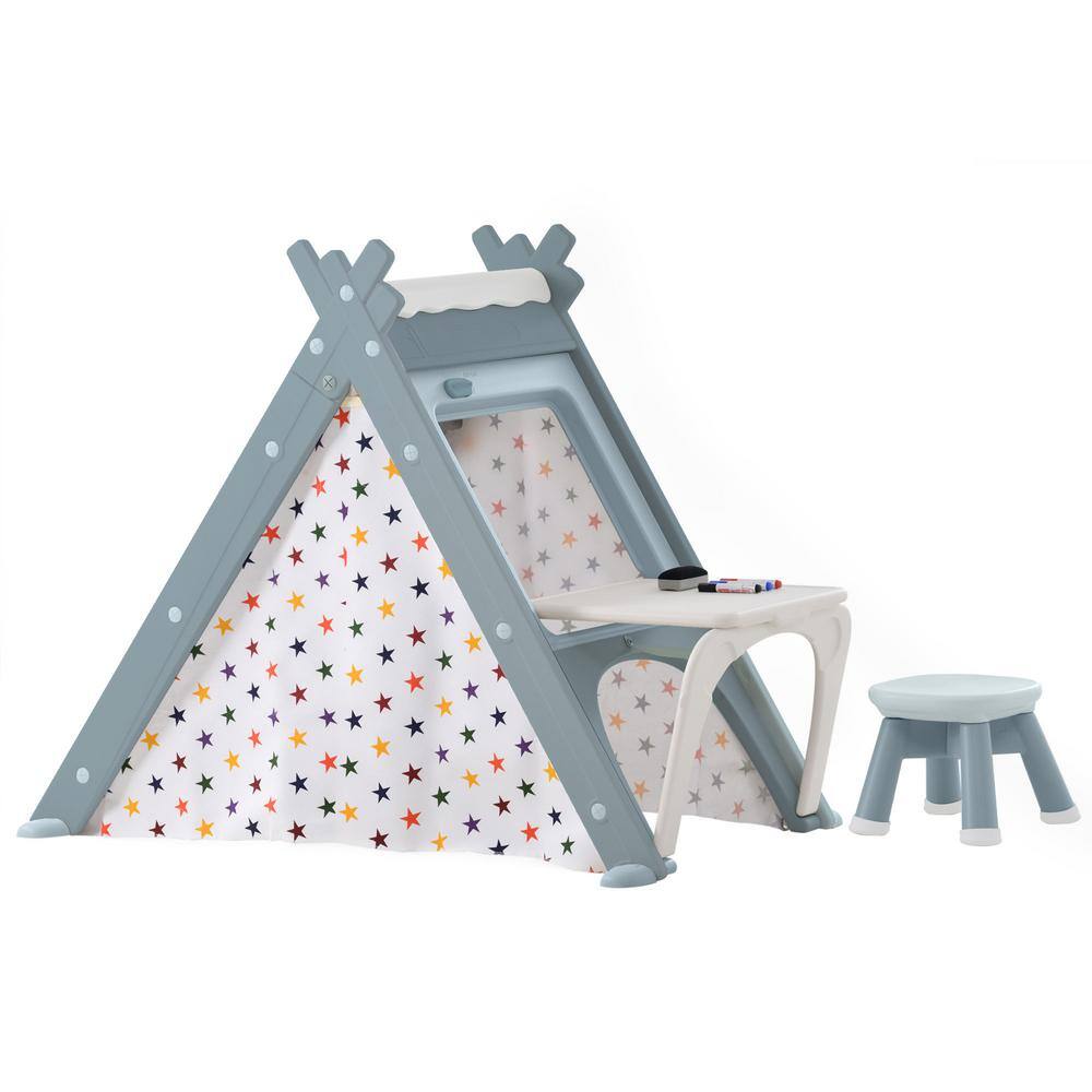 4-in-1 Teepee Tent with Stool and Climber in Blue LN20232786