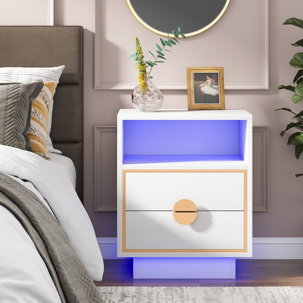 Nightstand with 2 Drawers and Smart Application Control LED Light Black Bedside Tables