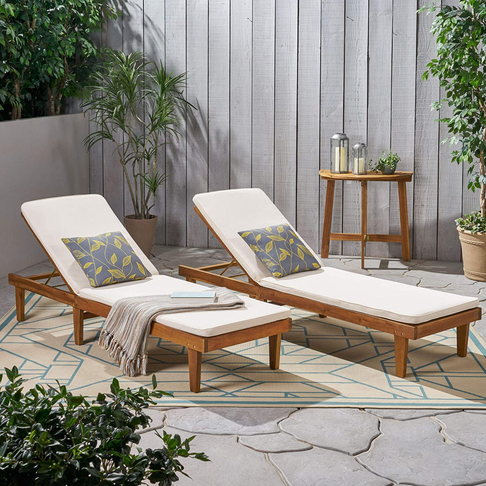 Set of 2 Patio Chaise Lounge  Teak Finished Acacia Wood Frame With Beige Cushion   Transitional   Outdoor Chaise Lounges   by Decor Love  Houzz