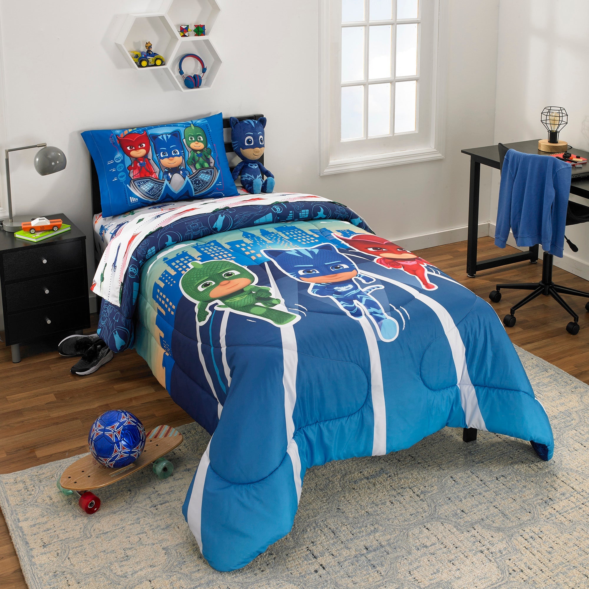 PJ Masks Kids Twin Bed in a Bag, Comforter and Sheets, Blue, Hasbro