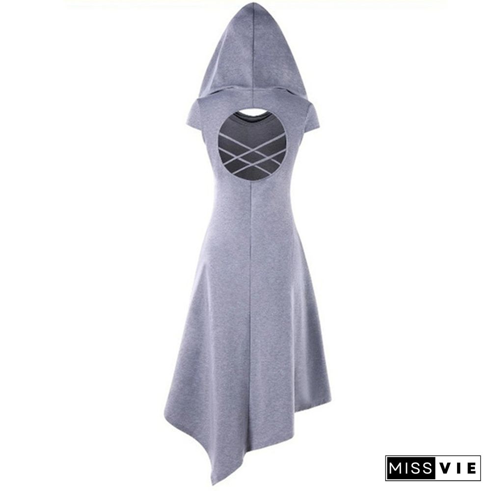 Gothic Medieval Style Women Hooded Criss Cross Irregular Handkerchief Dress Summer Casual Sleeveless Dress Asymmetrical Dresses