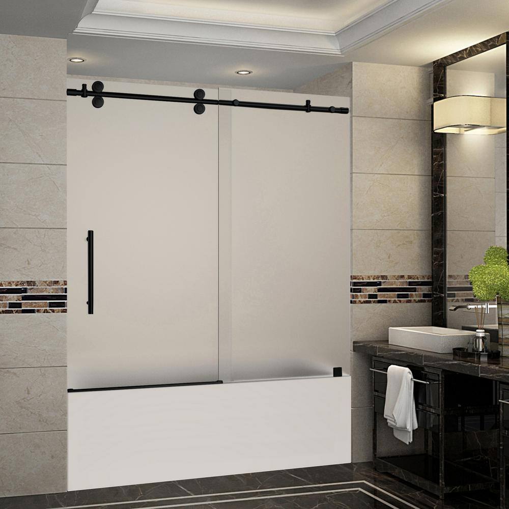 Aston Langham 56 in. to 60 in. x 60 in. Frameless Sliding Tub Door with Frosted Glass in Matte Black TDR978F-MB-60-10