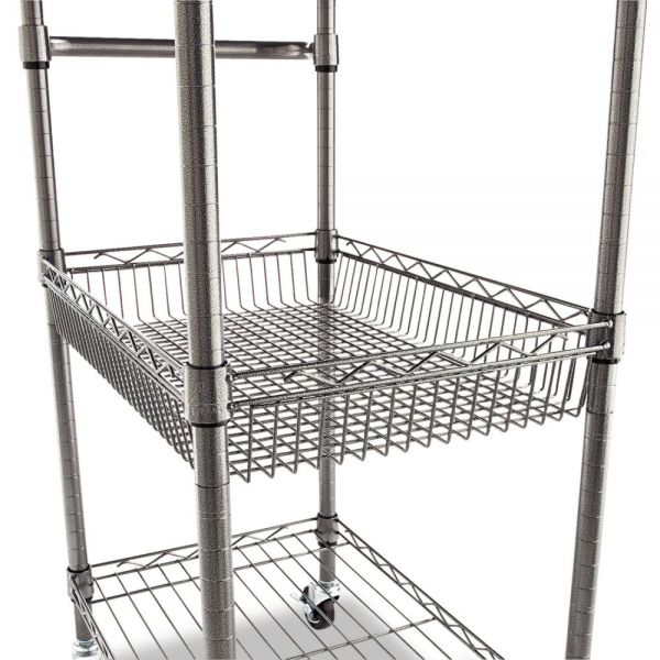 Alera Three-Tier Wire Cart with Basket， Metal， 2 Shelves， 1 Bin， 500 lb Capacity， 28