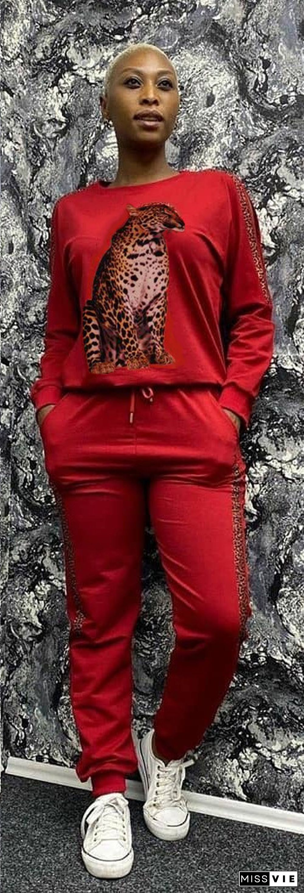 Leopard Print Long Sleeve T Shirt Jogger Pants Set