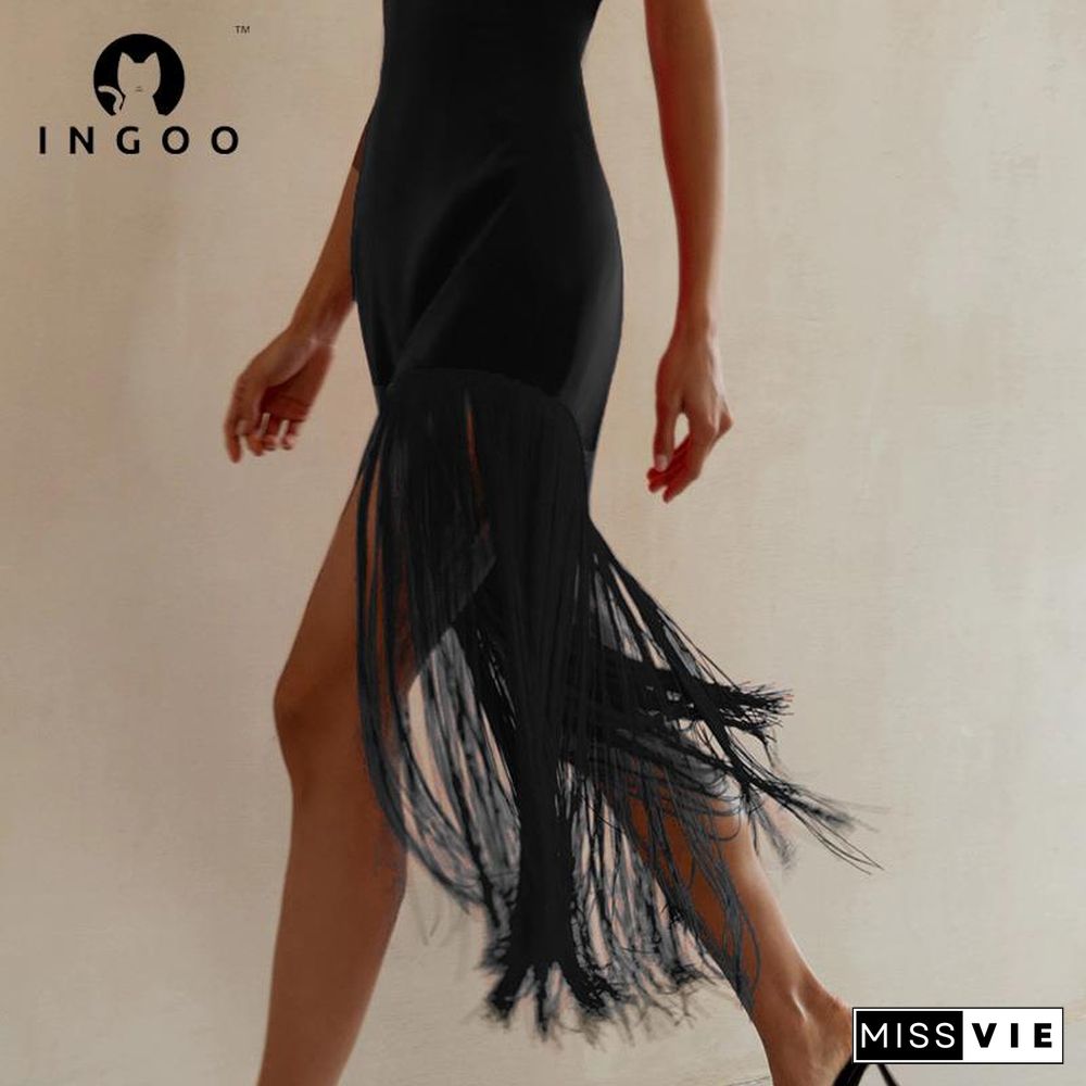 INGOO Black Fringe Sexy Tube Dress Bodycon Sleeveless Women Summer Long Dress Evening Elegant White Backless Party Club Outfits