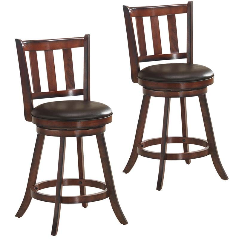 2-Pack Wood Swivel Bar Stools Counter Height Kitchen Dining Chairs Pub Stools with Soft Leather Seat