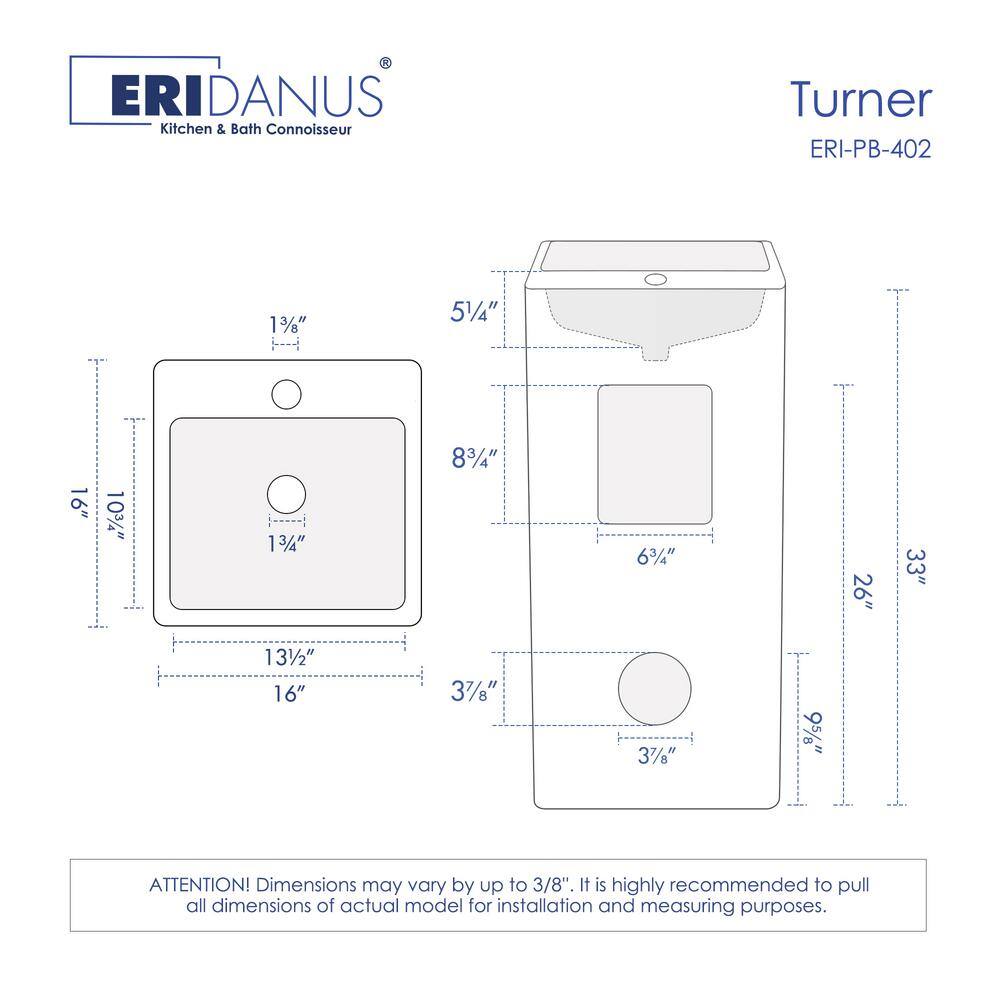 Eridanus Turner Vitreous China 33 in. Tall Square Free Standing Pedestal Sink with Faucet Hole and Overflow in Crisp White ERI-PB-402