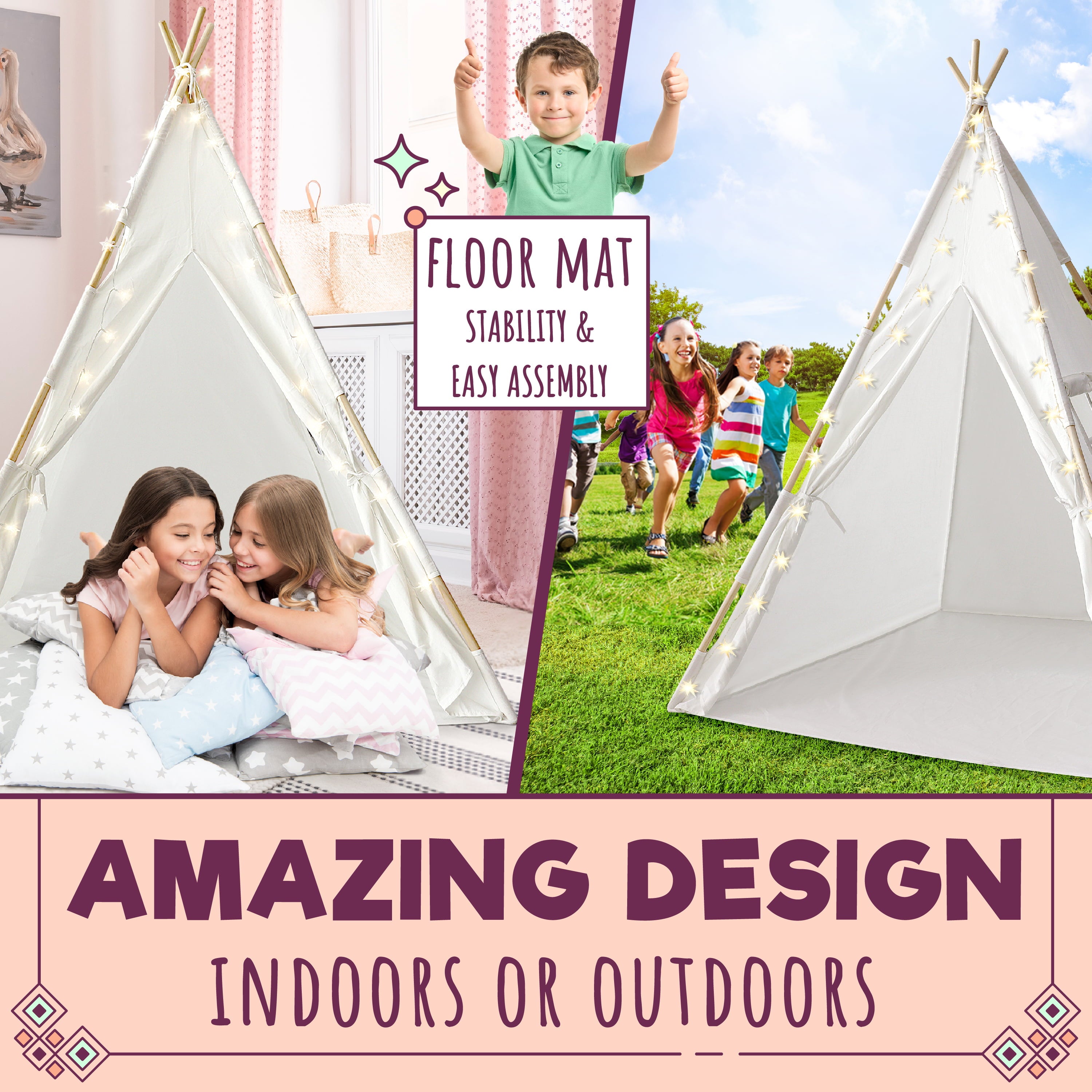 Orian Kids Teepee Tent Playhouse With LED Lights Fairytale Teepee