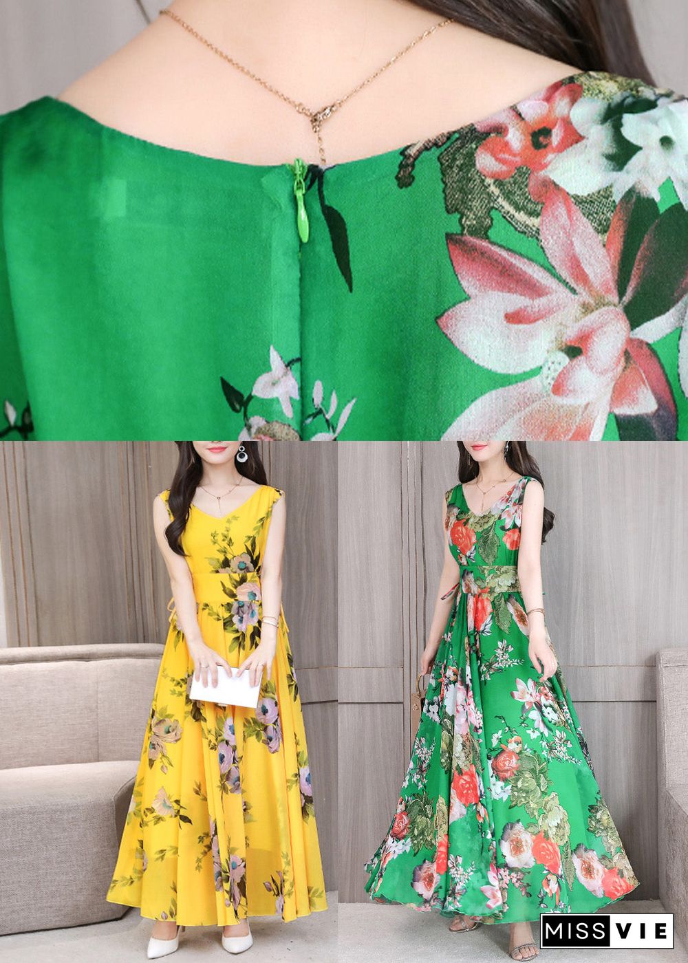 Vogue Yellow V Neck Print Chiffon Long Dresses Summer