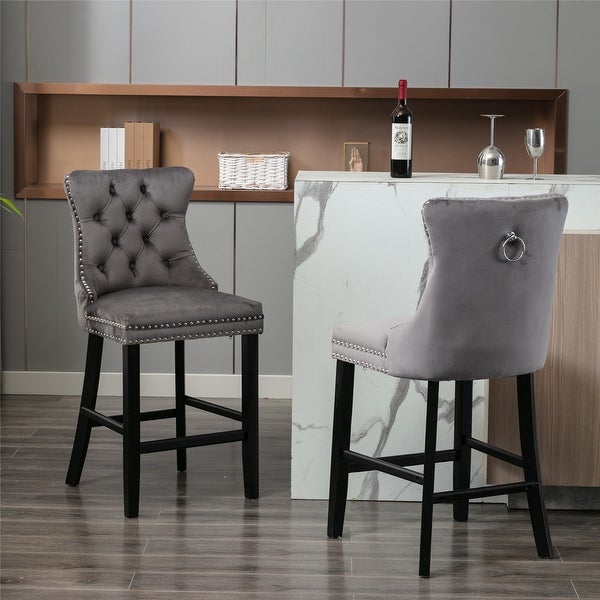 Contemporary Velvet Upholstered Bar stools Set of 2 with Chrome Nailhead Trim Decoration and Wooden Legs