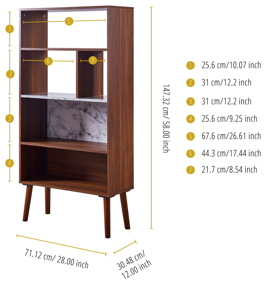 Wooden Bookshelf Bookcase w/ Marble Look Top   Midcentury   Bookcases   by TEAMSON US INC  Houzz