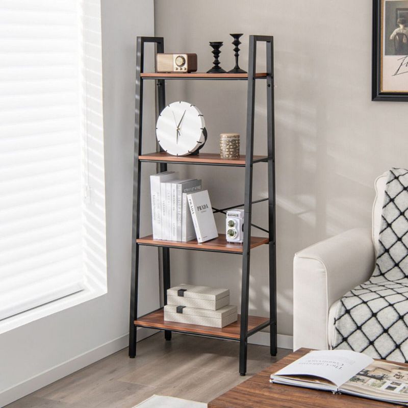 Hivago 4-Tier Freestanding Open Bookshelf with Metal Frame and Anti-toppling Device-Rustic Brown