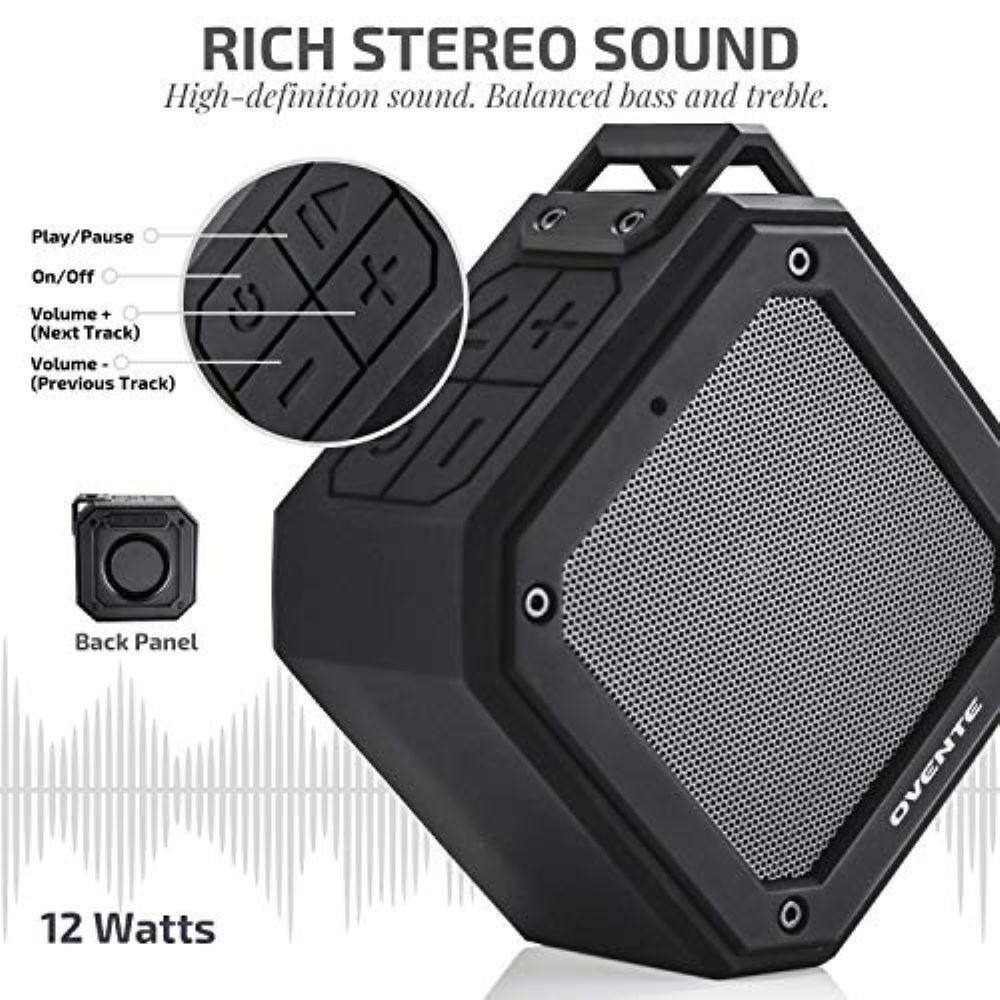 OVENTE 2000 mAh Portable Waterproof Wireless Speaker with TWS Pairing Capability IPX6 Rating and 20-Hours of Playtime Black ZA1200B