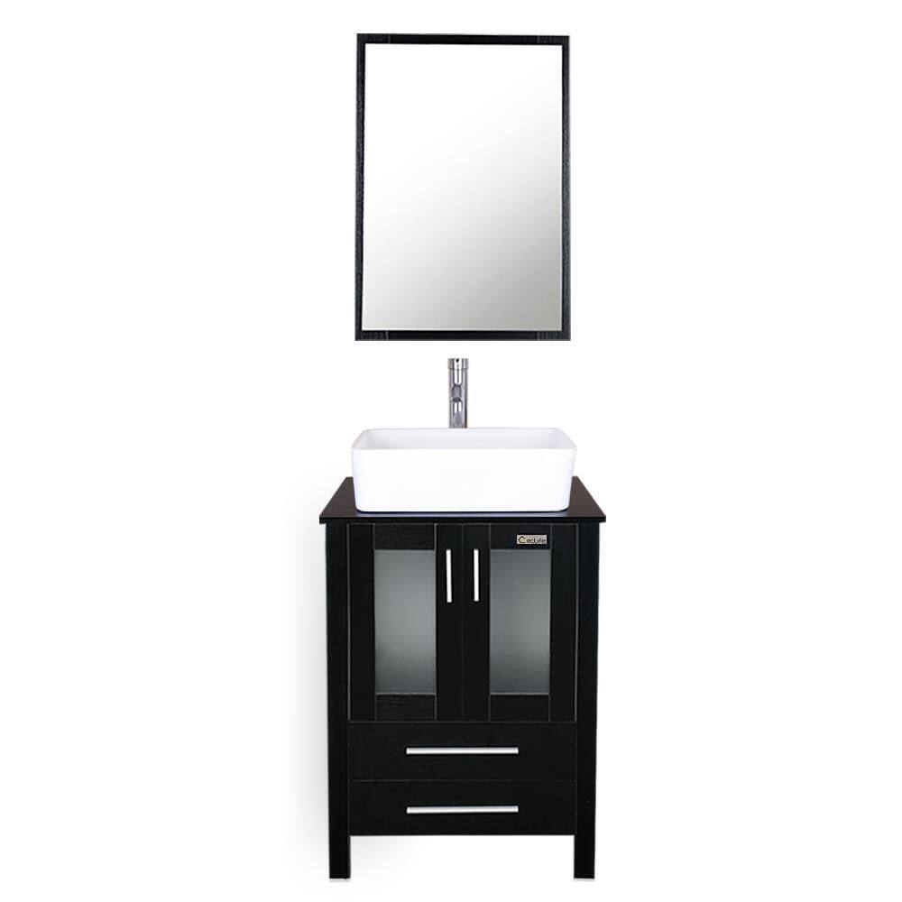 eclife 24 in. W x 20 in. D x 32 in. H Single Sink Bath Vanity in Black with Ceramic Vessel Sink Top Chrome Faucet and Mirror BV102BK+VS003WH