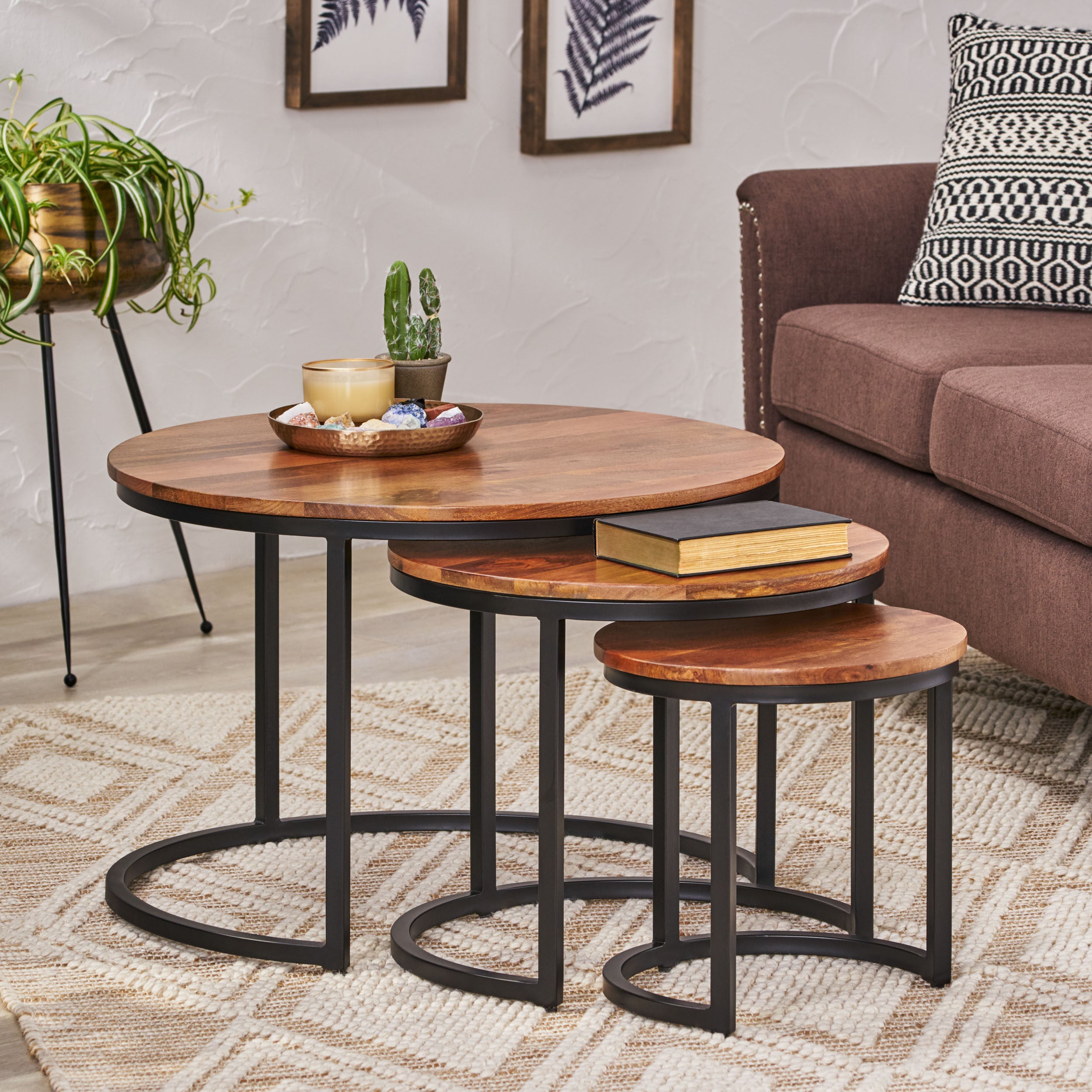 Tignall Modern Industrial Handcrafted Mango Wood Nested Tables (Set of 3), Honey Brown and Black