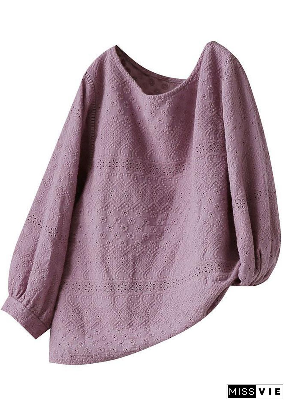 Women Purple Embroideried Lantern sleeve Asymmetrical design Cotton Blouse Top Summer