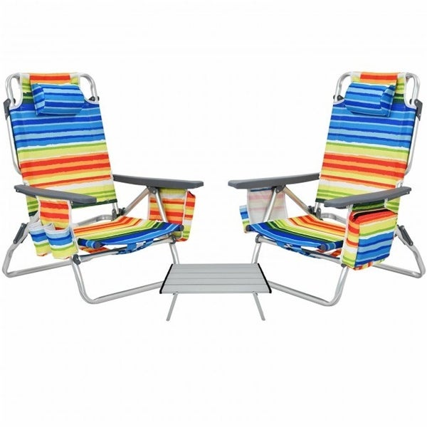 2Pack 5-Position Outdoor Folding Beach Table Chair Reclining Chair Set - Overstock - 35911032