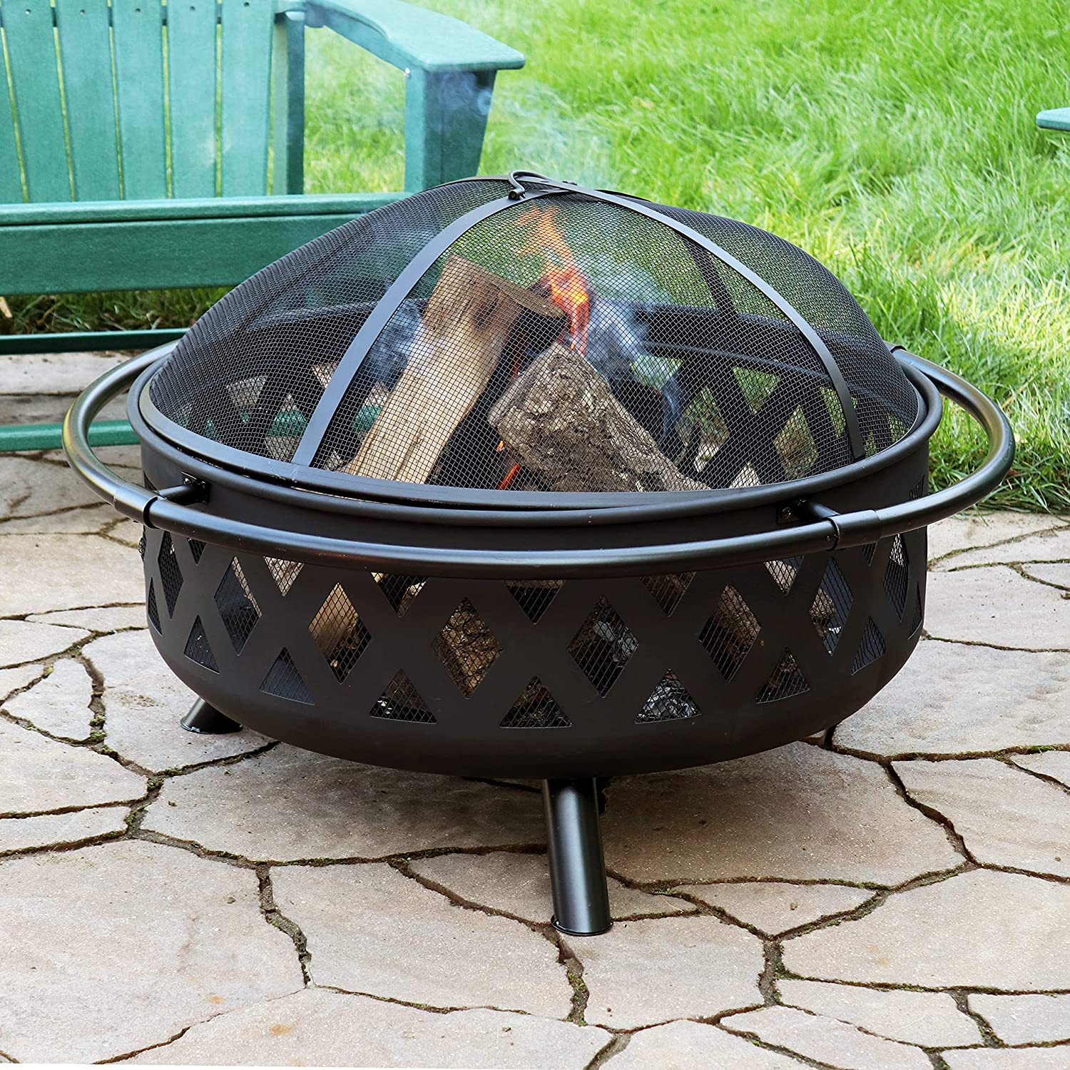 Sunnydaze Black Crossweave Large Outdoor Fire Pit - 36-Inch Heavy-Duty Wood-Burning Fire Pit with Spark Screen for Patio and Backyard Bonfires - Includes Poker and Round Fire Pit Cover