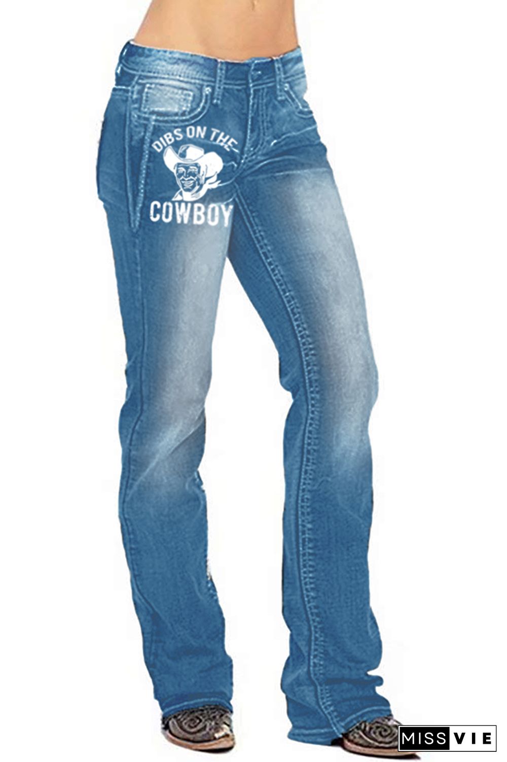 Cowboy Print Straight Wash Jeans Pants