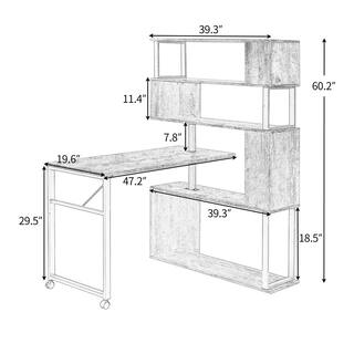 Polibi 47.20 in. Retangular Black Rotatable L-Shaped Corner Home Office Computer Desk with 5-Tier Bookshelf and Casters RS-472RRLCD-BK