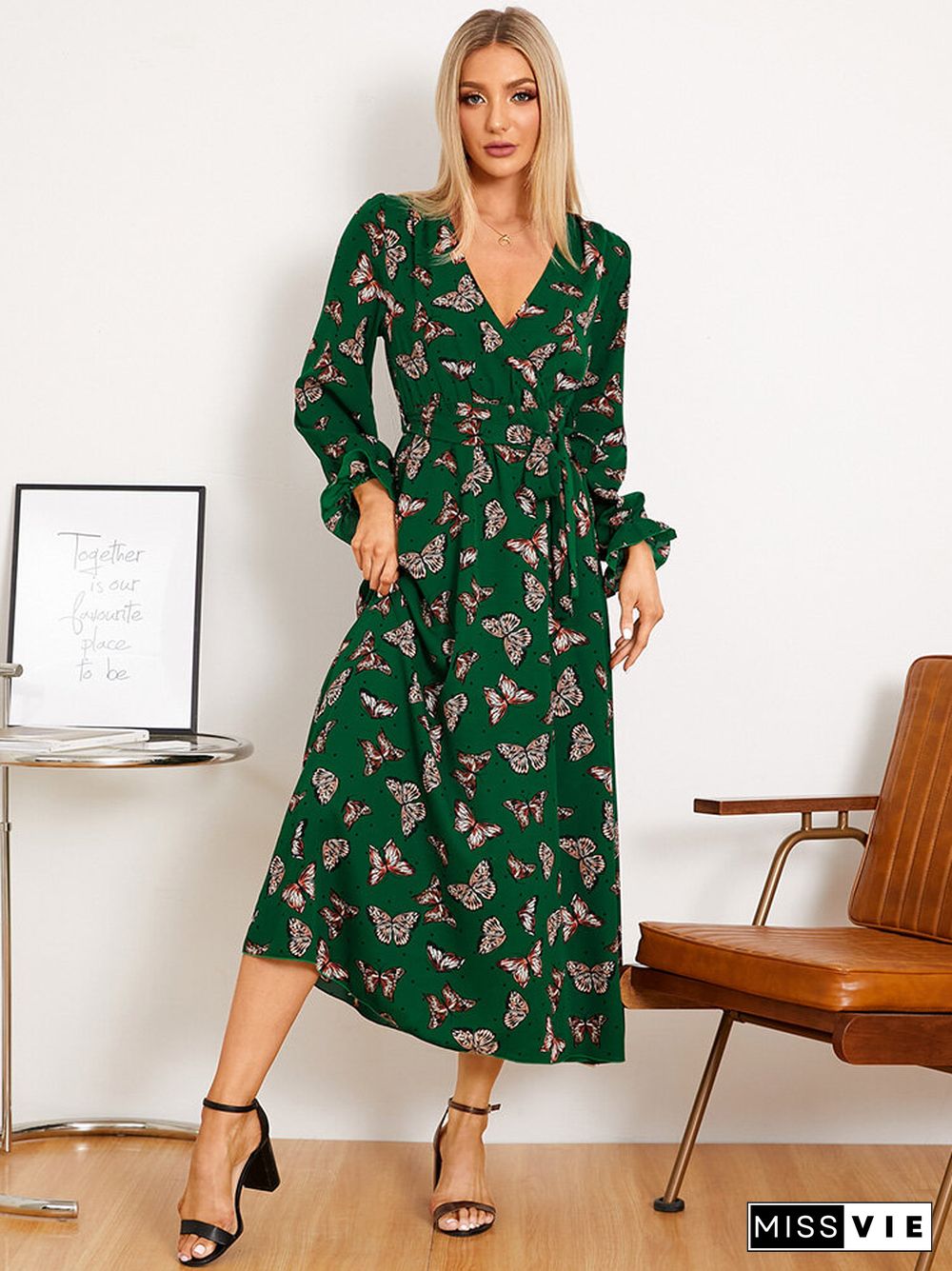 Butterfly Print Belt Long Sleeve V-neck Maxi Dress