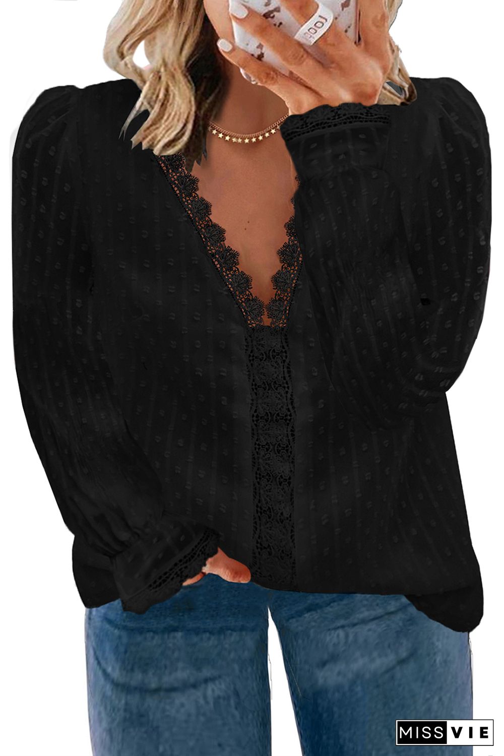 Black Swiss Dot Lace Splicing Plus Size Blouse