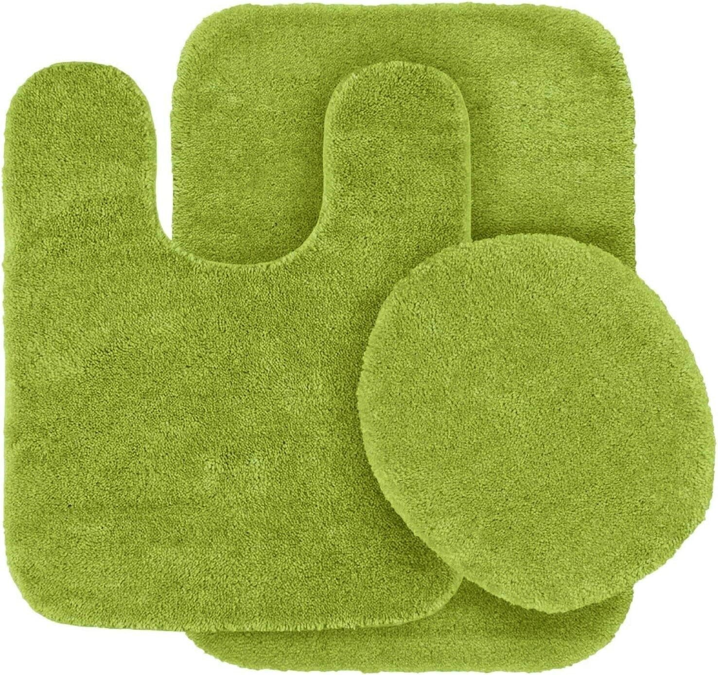 3-Piece Bathroom Rug Set Shiny LIME GREEN Soft Plush， Plain Large Rug ， Contour Mat， and Toilet Lid Cover Rubber Backing