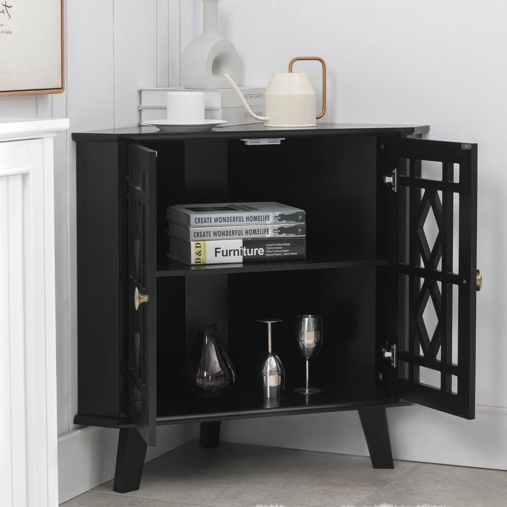 Corner Sideboard Cabinet with 2 Doors and 2 Tier Shelves Free Standing Corner Storage Organizer