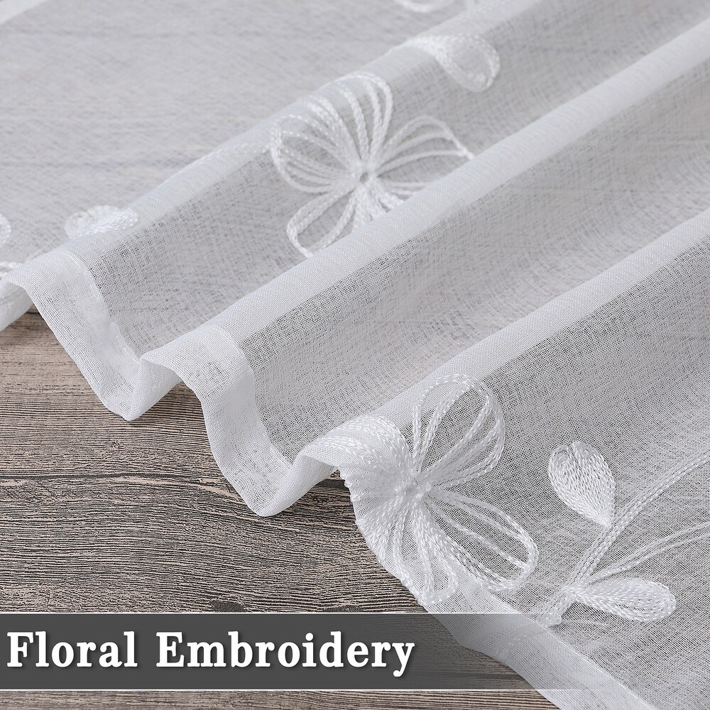 Sheer Kitchen Tier Curtains  Floral Embroidered Semi Sheer Short Curtain