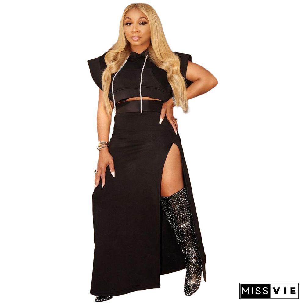 Plus Size Hooded Crop Top Slit Maxi Skirt Set