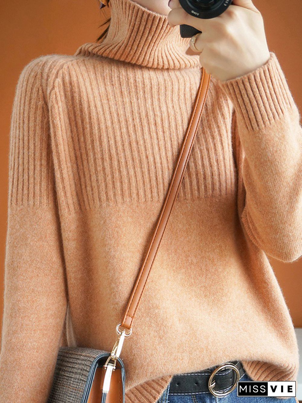 Casual Long Sleeves Loose Solid Color High-Neck Sweater Tops