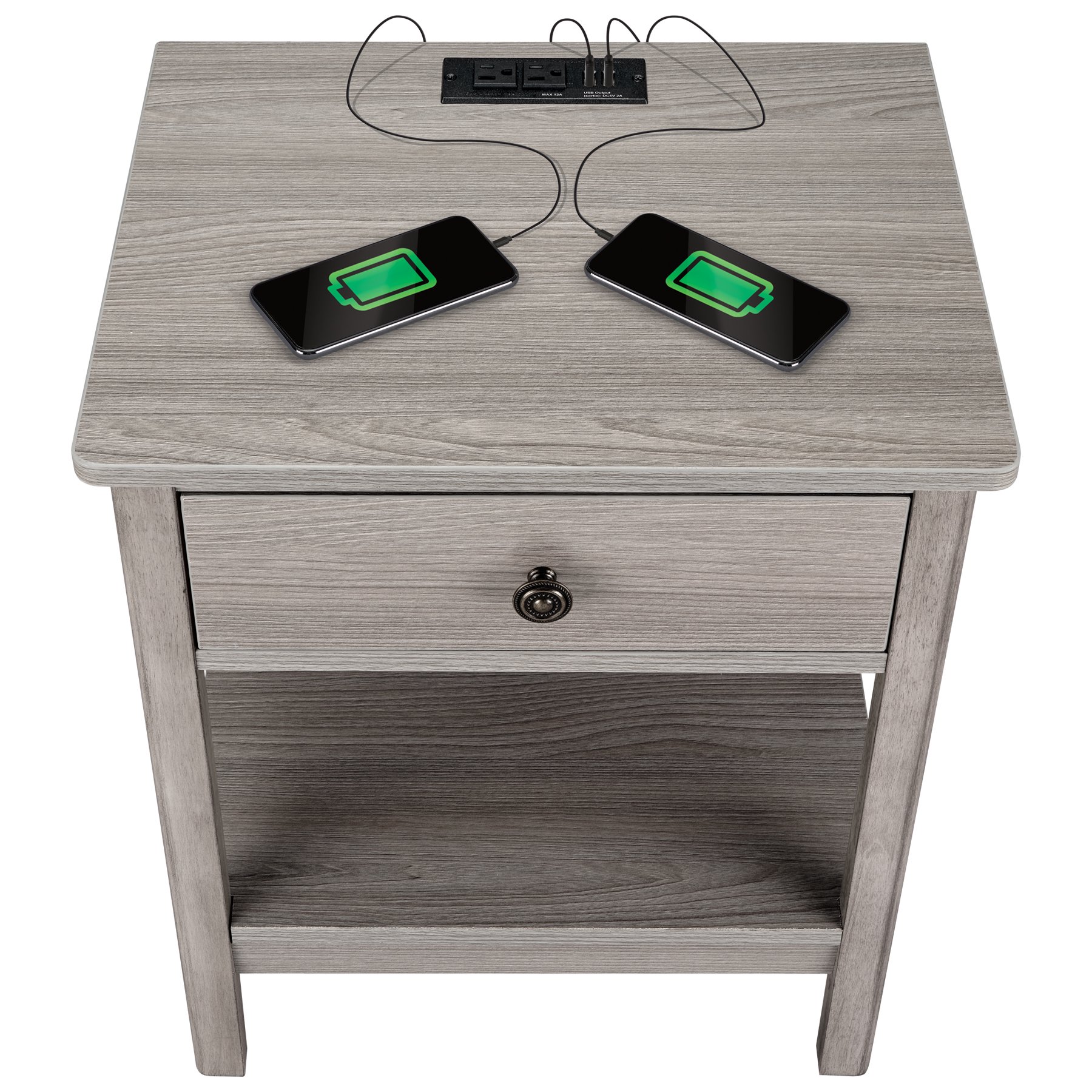 DecorTech Traditional Rectangular End Table with AC Power and USB Charging Ports， Gray