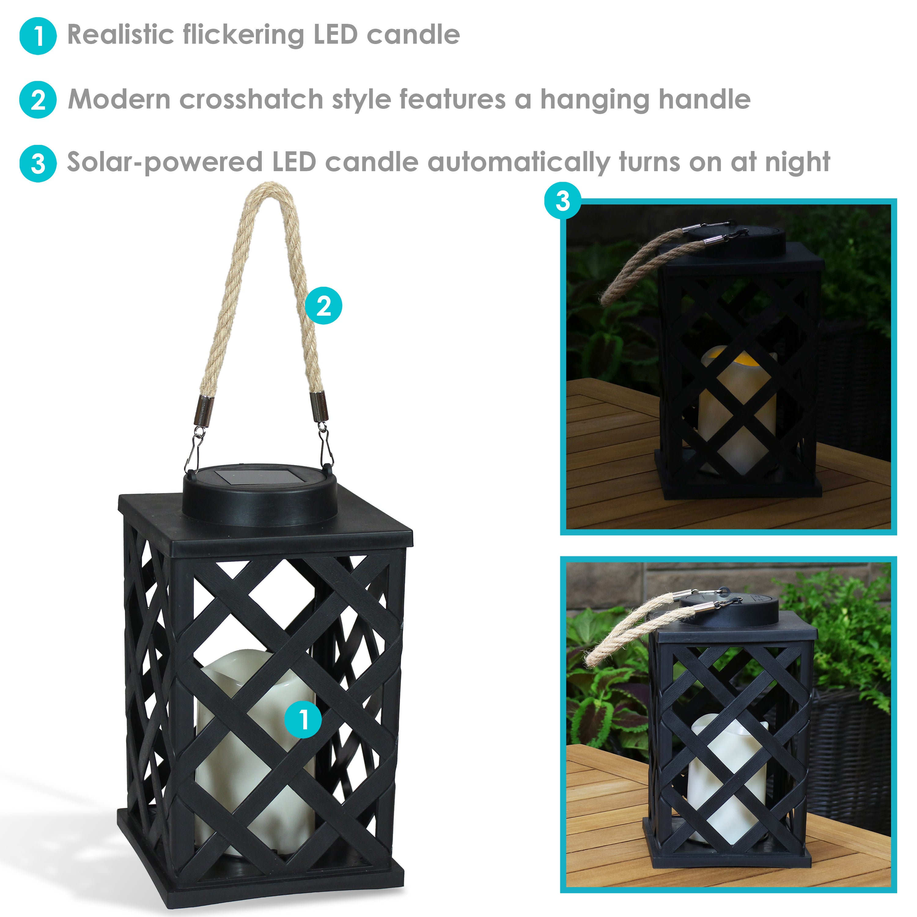 Sunnydaze Outdoor Modern Crosshatch Hanging Tabletop Solar LED Rustic Farmhouse Decorative Candle Lantern - 9