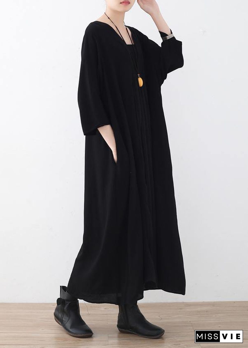 Women black v neck chiffon quilting dresses Cinched Maxi summer Dress