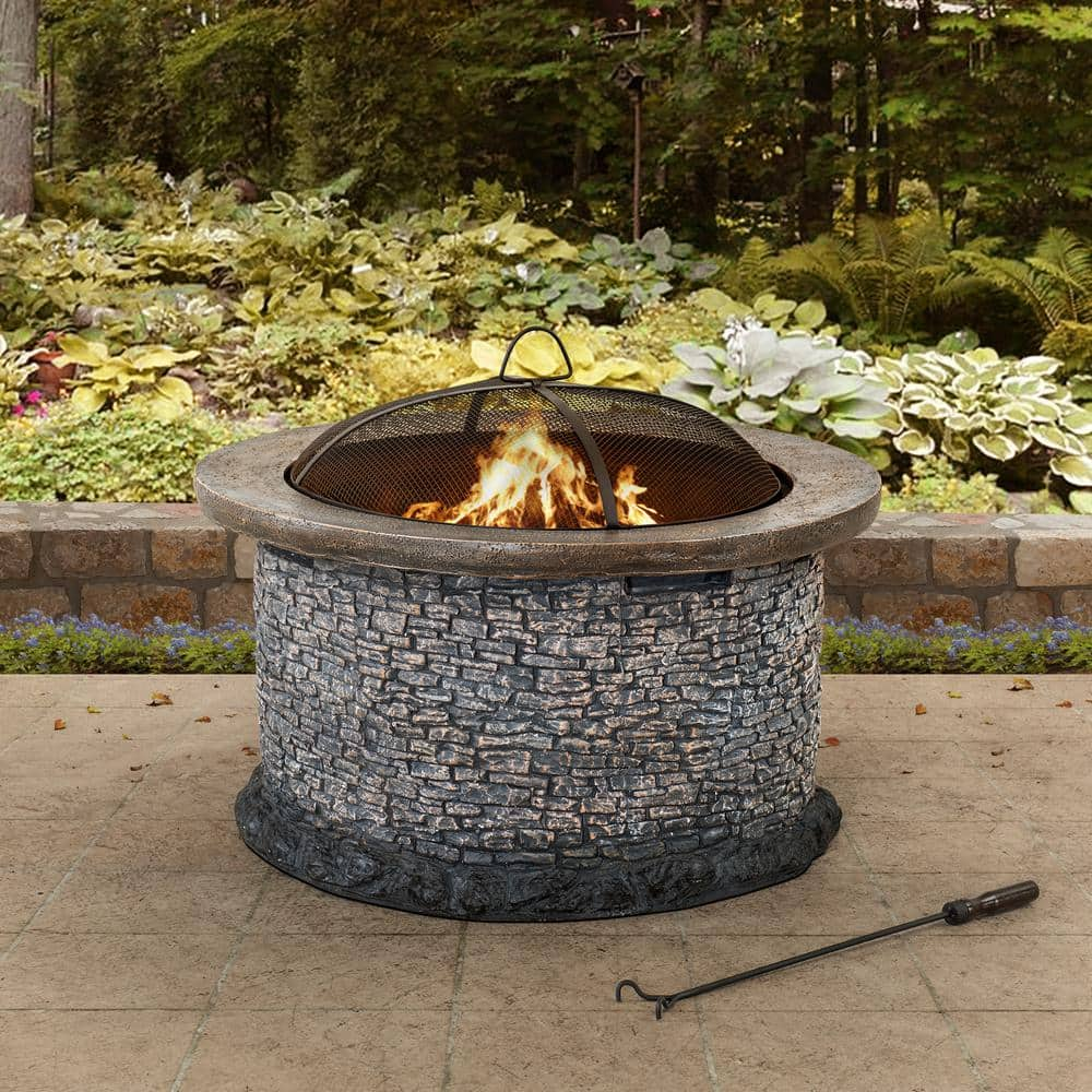 Sunjoy Lankershim Stone 31.89 in. x 24.21 in. Round Steel Wood Burning Firepit 169506