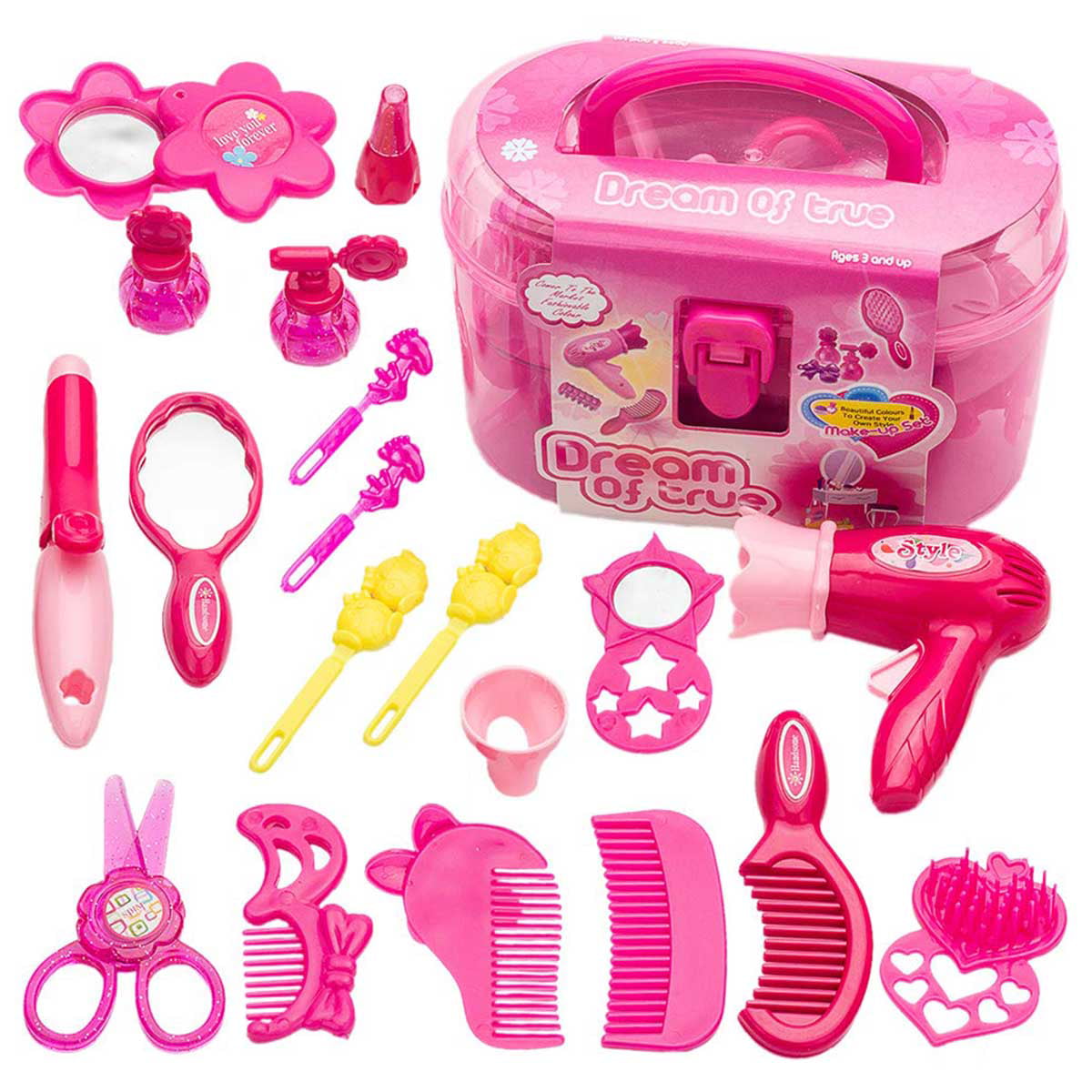 RNKR Girl Makeup Kit - Kids Real Washable Play Makeup Toy for Toddler Gifts Age 2 3 4 5 6 7， Hairdryer， Brush，Mirror and Styling(17pcs)