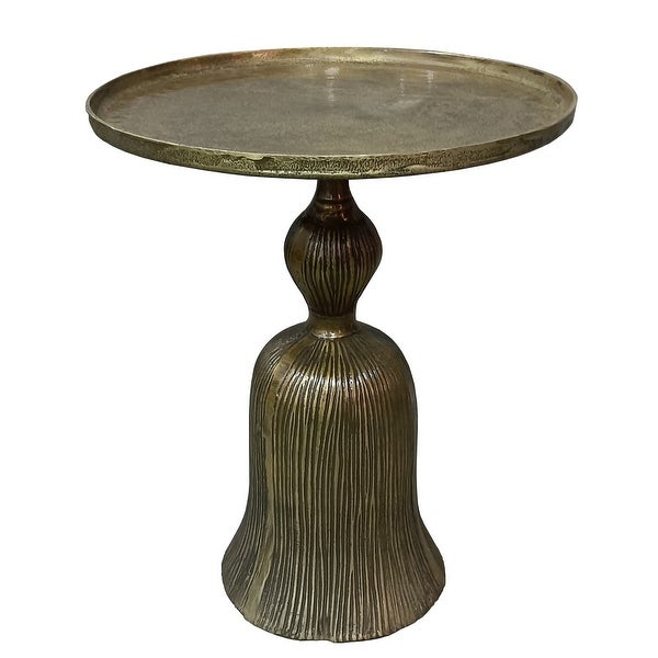 23 Inch Classic Vintage Accent Side Table， Round Tray Top， Aluminum， Pedestal Base， Ridges， Antique Brass