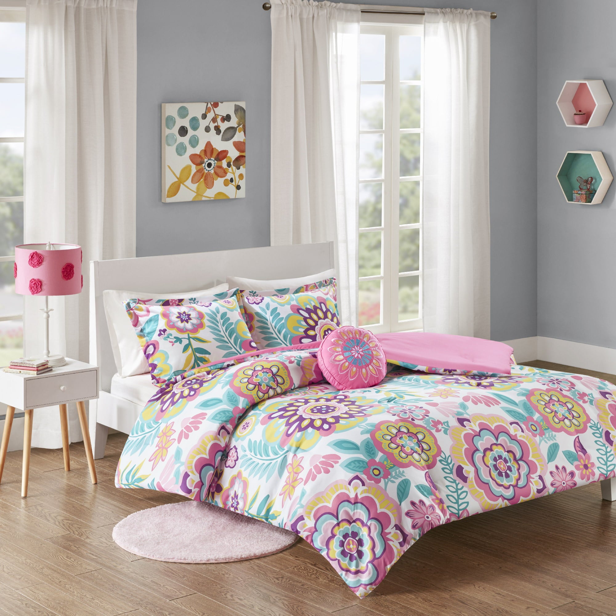 Home Essence Teen Cora Pink Floral 3 Piece Comforter Set， Twin/Twin-XL