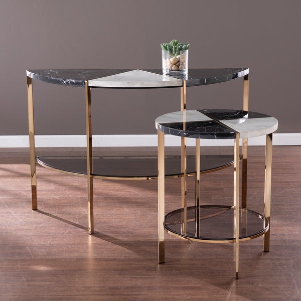 Cortihana Half Moon Faux Marble Console Table， Gold