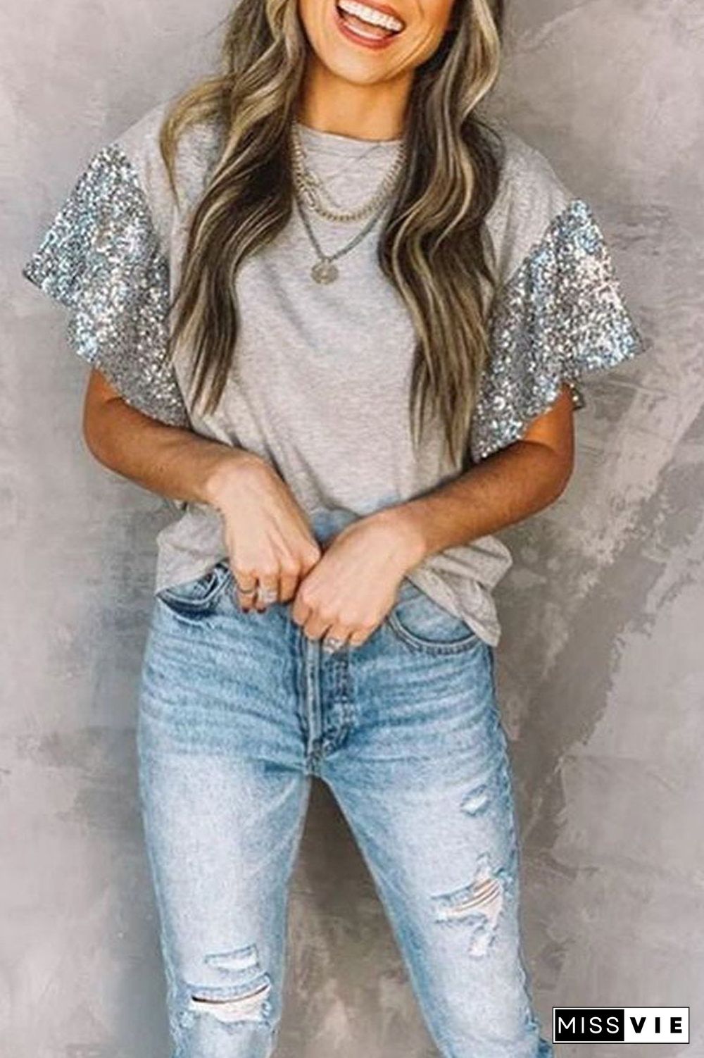 Sequin Stitching Sleeve Short Sleeve T-Shirt