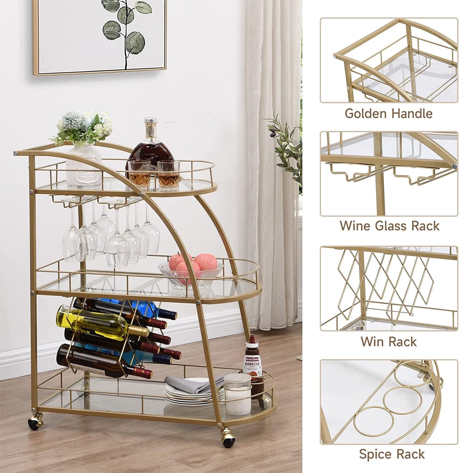 Gold Bar Cart on Wheels， 3 Tier Home Bar Serving Cart with 3 Glass Shelves， Wine Racks， Glass Holders， for Kitchen， Dining Room